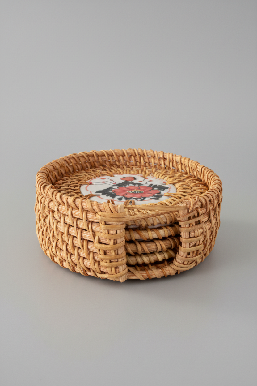 Homehue Coasters- Set of 4 with Rattan Basket